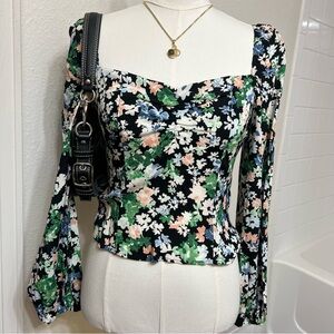 Floral long sleeve crop top black green pink blue cottage boho fairy spring